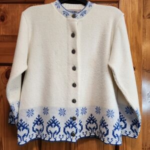 Women's Amana Wollen Mills White/Cream and Blue Cardigan, Size 38
